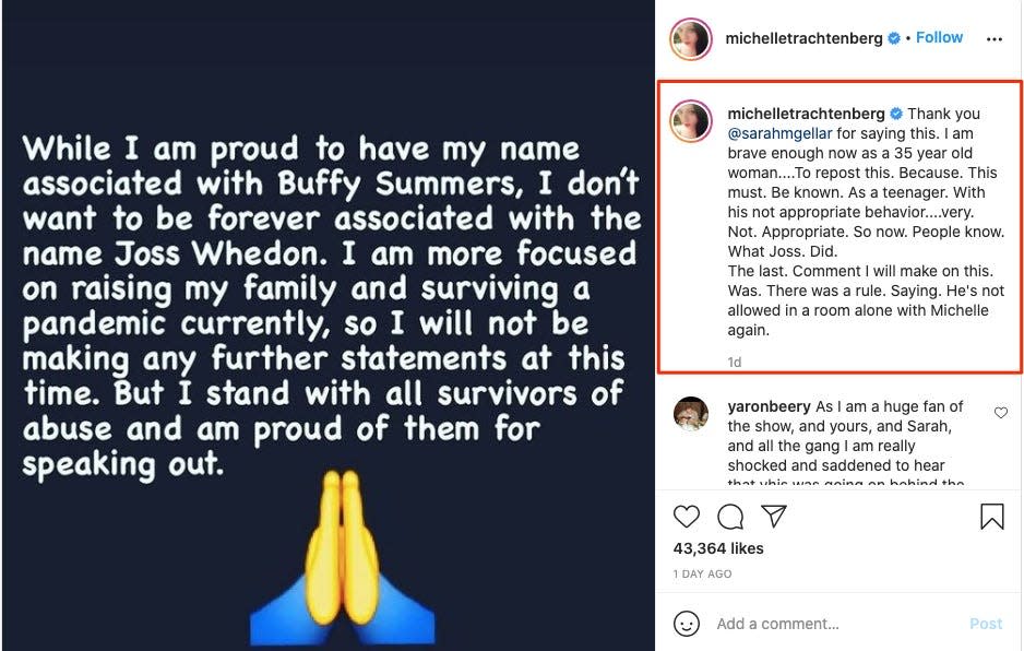 Michelle Trachtenberg Whedon instagram statement