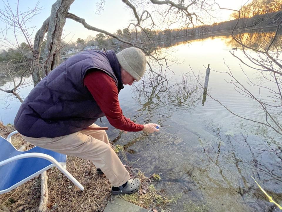 Steve Waller, of Centerville, uses his iPhone to collect water temperature data from a digital thermometer at the herring run next to his property on Long Pond.