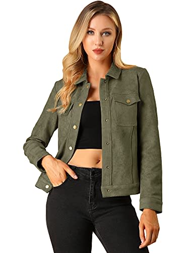 Allegra K Women's Turn-Down Collar Flap Pockets Snap Button Faux Suede Jacket Small Army Green