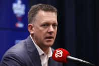 Houston Astros manager AJ Hinch speaks during a news conference Thursday, Oct. 24, 2019, in Washington. The Astros and the Washington Nationals are scheduled to play Game 3 of baseball's World Series on Friday. (AP Photo/Patrick Semansky)