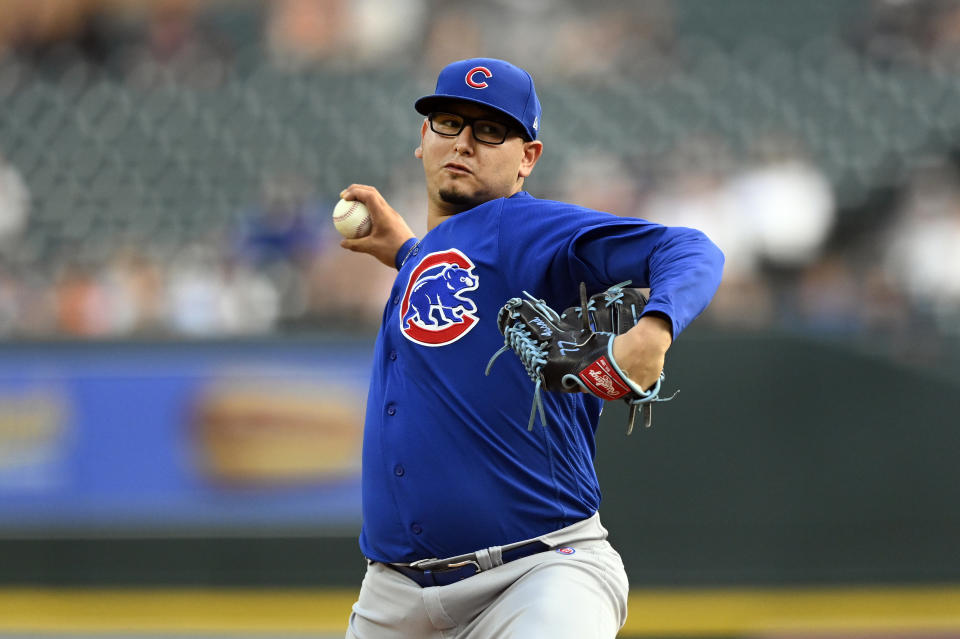 Chicago Cubs starting pitcher Javier Assad throws against the Detroit Tigers in the first inning of a baseball game, Monday, Aug. 21, 2023, in Detroit. (AP Photo/Jose Juarez)