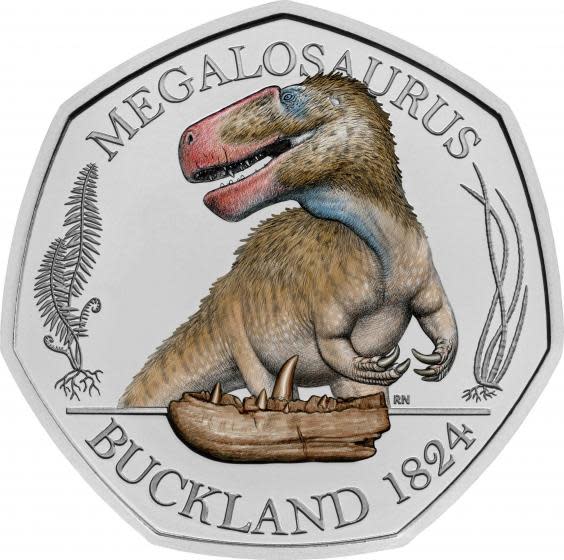 A commemorative 50 pence coin from the Royal Mint Dinosauria Collection which shows a Megalosaurus (The Royal Mint/PA Wire)