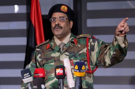 Ahmed al-Mismari, spokesman for the eastern-based Libyan National Army (LNA), gestures during a news conference in Benghazi, Libya March 18, 2017. REUTERS/Esam Omran Al-Fetori