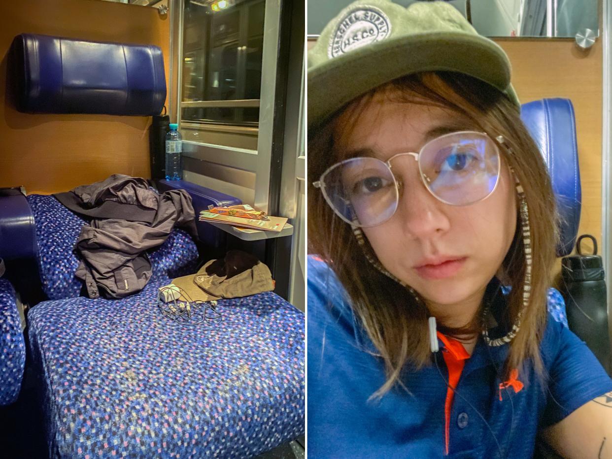 Two Images: left: a blur reclined chair on a train. Right: The author takes a selfie in the same chair