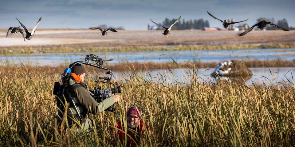A film crew captures video of ducks in a wetland for "Wings Over Water," a film about the importance of the prairie pothole region.