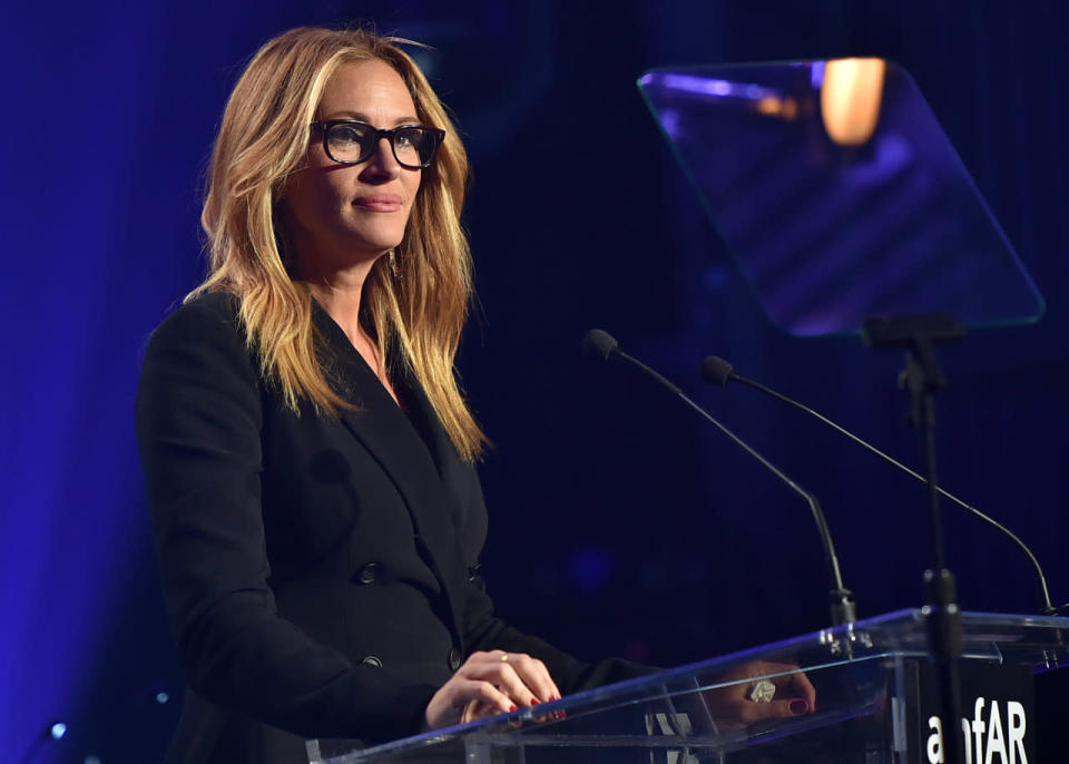 Julia Roberts in a black blazer and glasses at amfAR’s Inspiration Gala Los Angeles.