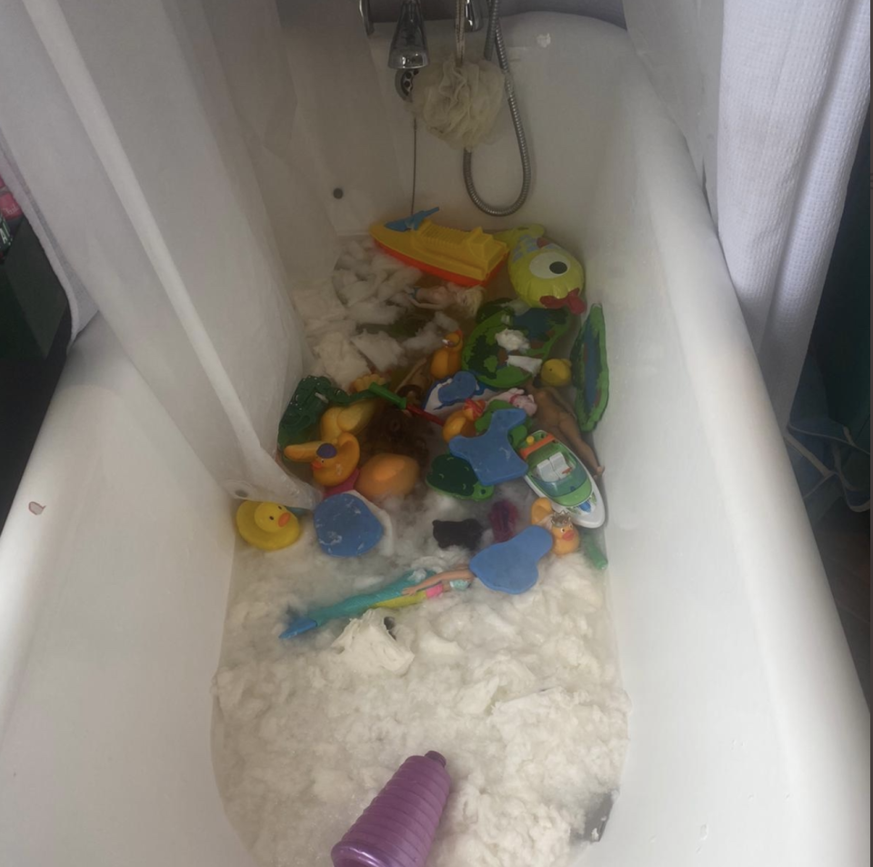 Toilet roll in a bath with toys