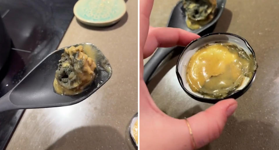 A large clump of mould on a spoon (left) and the sauce and mould on the lid (right). 