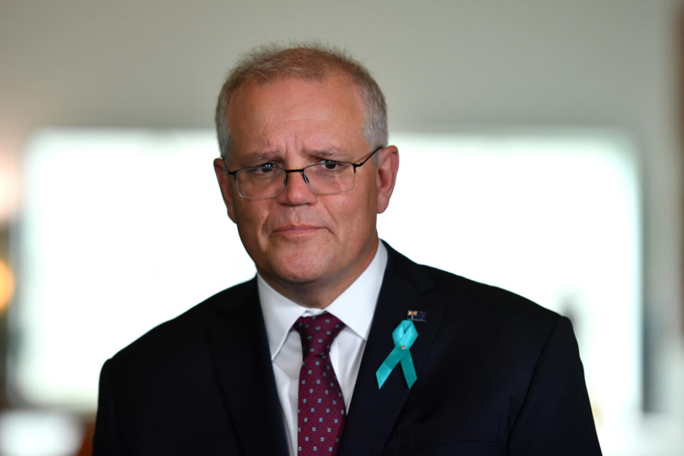 Pictured is Scott Morrison speaking about rape allegations made by Brittany Higgins against a male staffer.