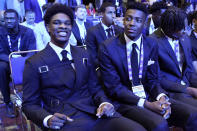 Scoot Henderson, left, and Brandon Miller attend the NBA basketball draft lottery in Chicago, Tuesday, May 16, 2023. (AP Photo/Nam Y. Huh)