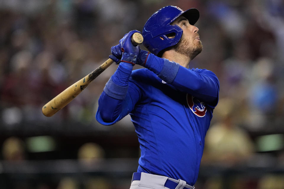 Chicago Cubs' Cody Bellinger flies out against the Arizona Diamondbacks during the fifth inning of a baseball game, Friday, Sept. 15, 2023, in Phoenix. (AP Photo/Matt York)