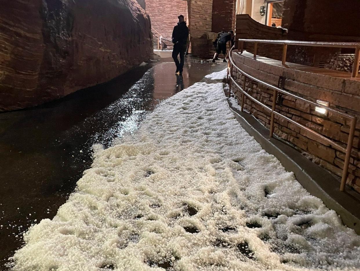 Walkway at Red Rock amphitheater after a hail storm.