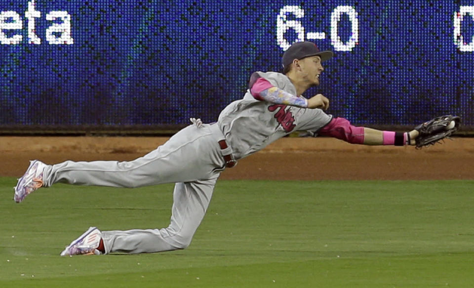 Philadelphia Phillies left fielder Tyler Goeddel (2) catches a line drive by Miami Marlins’ Martin Prado in the first inning of a baseball game, May 8, 2016, in Miami. (Alan Diaz/AP)