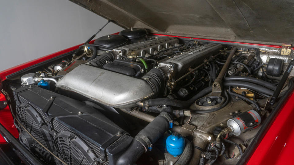 The 5.2-liter V-12 engine inside a 1991 Lamborghini LM002.