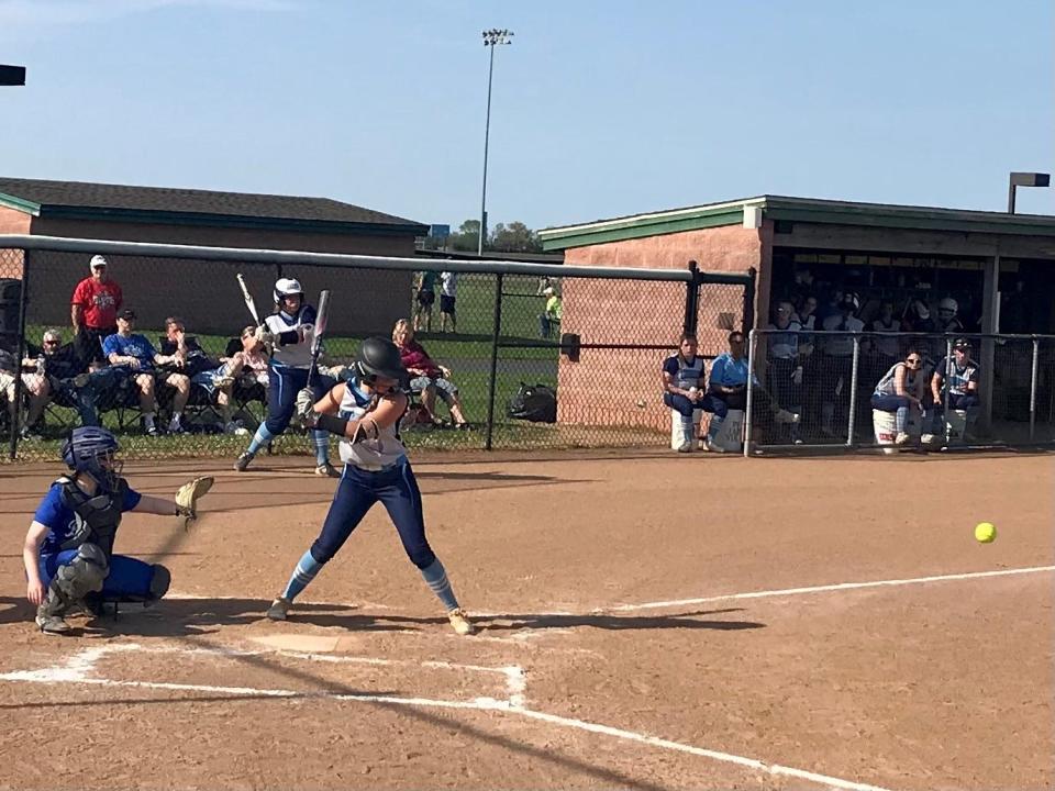 River Valley senior softball shortstop Shelby Westler awaits a pitch during a tournament game with Bexley. Westler batted .615 with 15 runs, 15 RBI, four doubles, two triples and three home runs in May.