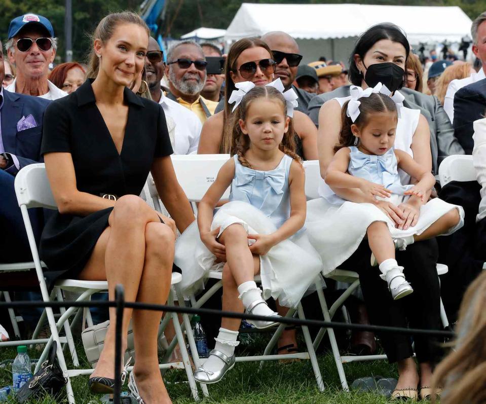 Hannah Jeter, wife of inductee Derek Jeter, attends the Baseball Hall of Fame induction ceremony with their children Bella and Story at Clark Sports Center on September 08, 2021 in Cooperstown, New York