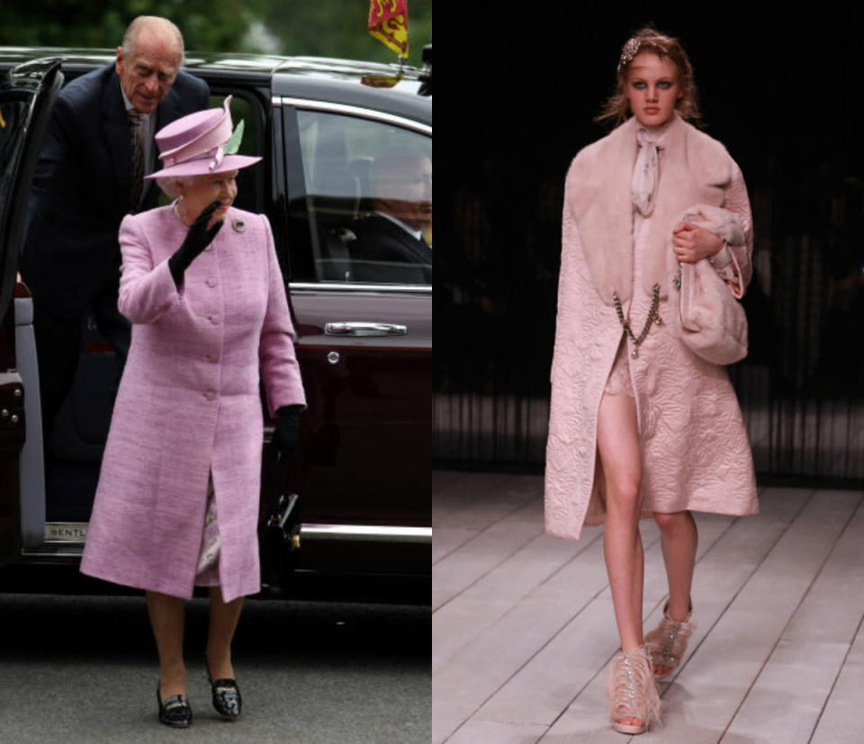 <p>The Queen isn’t the only person who likes to rock all pink. The Alexander McQueen label sent a very decedent all pink look down the catwalk in 2016. [<i>Photo: WPA Pool/Getty Images/ Photo: Antonio de Moraes Barros Filho/WireImage]</i><br></p>