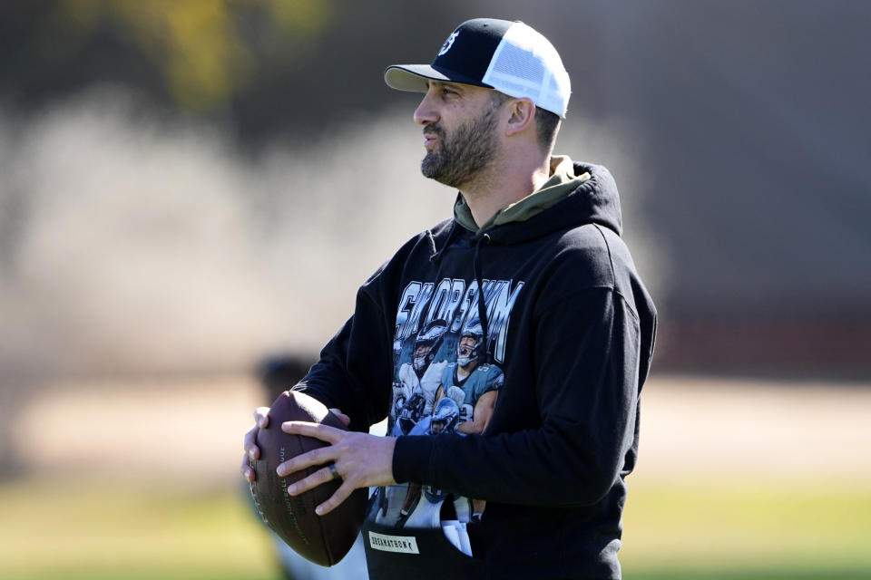 Philadelphia Eagles head coach Nick Sirianni watches his players during an NFL football Super Bowl team practice, Friday, Feb. 10, 2023, in Tempe, Ariz. The Eagles will face the Kansas City Chiefs in Super Bowl 57 Sunday. (AP Photo/Matt York)