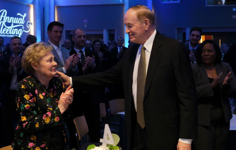 Feb. 2, 2023; Tuscaloosa, AL, USA; Retired United States Sen. Richard Shelby was honored by the West Alabama Chamber of Commerce during the annual awards banquet at the Bryant Conference Center. Shelby reaches out for his wife Annette as they receive a standing ovation.