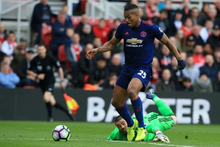 Manchester United midfielder Antonio Valencia walks in their third goal during a English Premier League match against Middlesbrough at Riverside Stadium in Middlesbrough on March 19, 2017