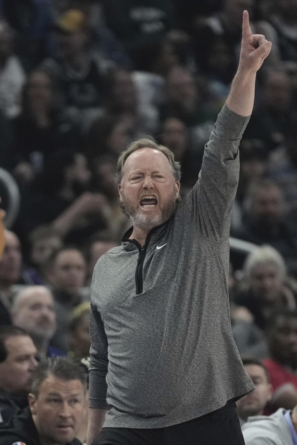 Milwaukee Bucks head coach Mike Budenholzer reacts during the first half of an NBA basketball game Wednesday, April 5, 2023, in Milwaukee. (AP Photo/Morry Gash)