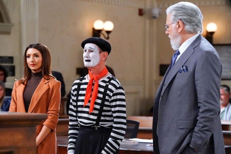 Dan (John Larroquette, R) defends a mime from prosecutor Olivia Moore (India de Beaufort). Photo courtesy of NBC