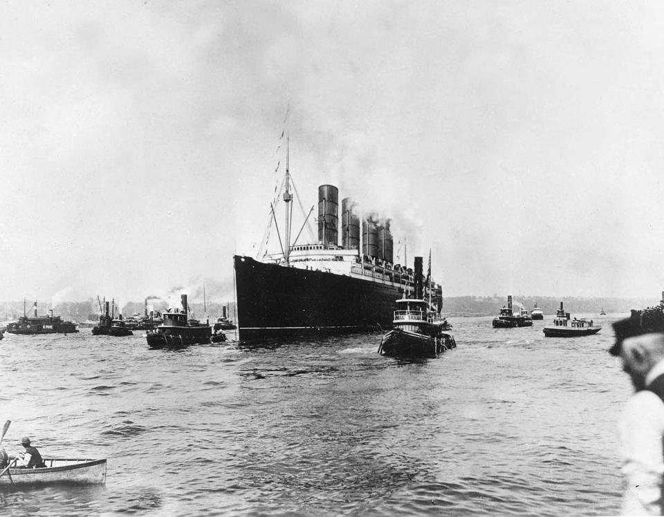 On May 1, 1915 the British cargo and passenger ship Lusitania sets out for England on its last voyage from New York City. The British ocean liner was sunk off Ireland on May 7, 1915 by a German U-Boat, killing 1,150 people, 114 of them Americans. (AP Photo, File)