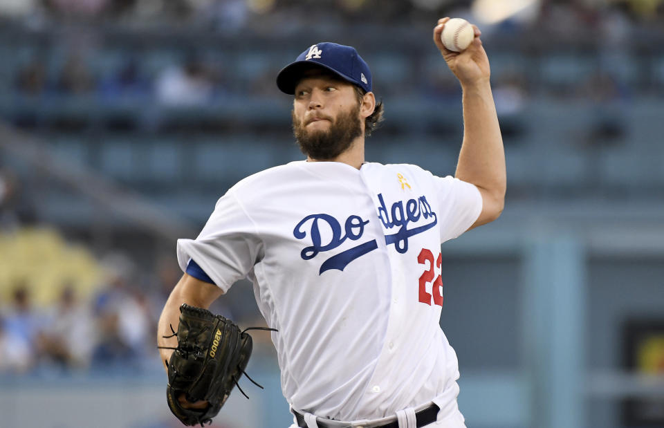 Los Angeles Dodgers pitcher Clayton Kershaw throws to the plate during the first inning of a baseball game against the Arizona Diamondbacks, Saturday, Sept. 1, 2018, in Los Angeles. (AP Photo/Michael Owen Baker)