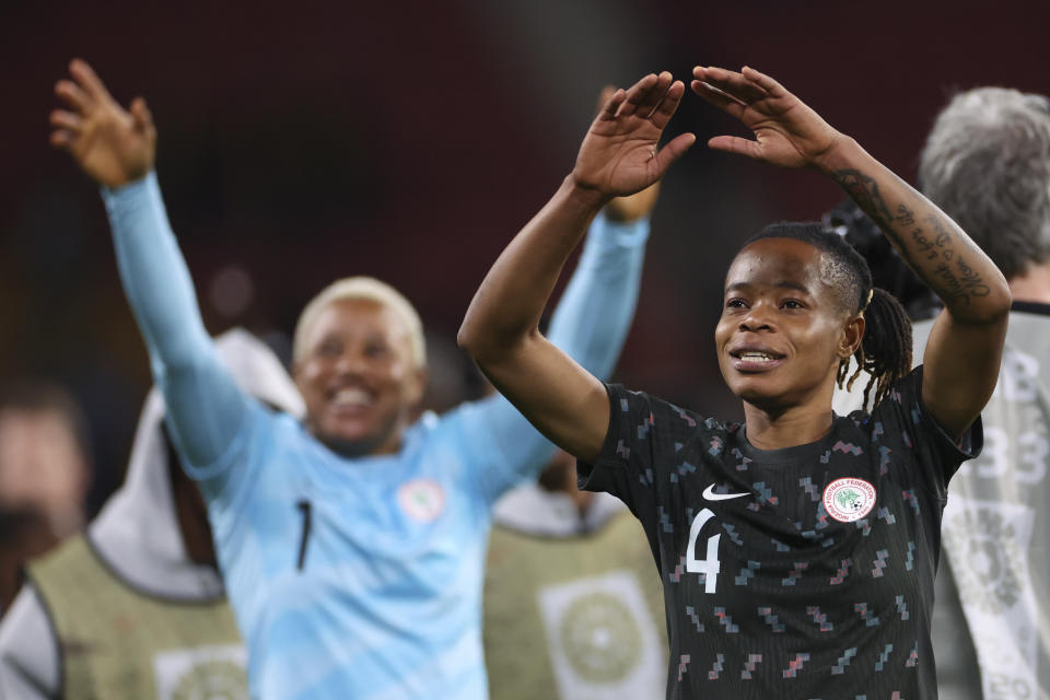 Nigeria's Glory Ogbonna reacts after defeating Australia at the end of the Women's World Cup Group B soccer match between Australia and Nigeria in Brisbane, Australia, Thursday, July 27, 2023. Nigeria won 3-2. (AP Photo/Aisha Schulz)