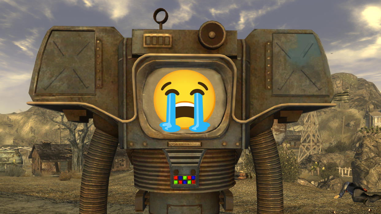  Fallout New Vegas screenshot from ultrawide PC gaming monitor showing robot with crying face. 