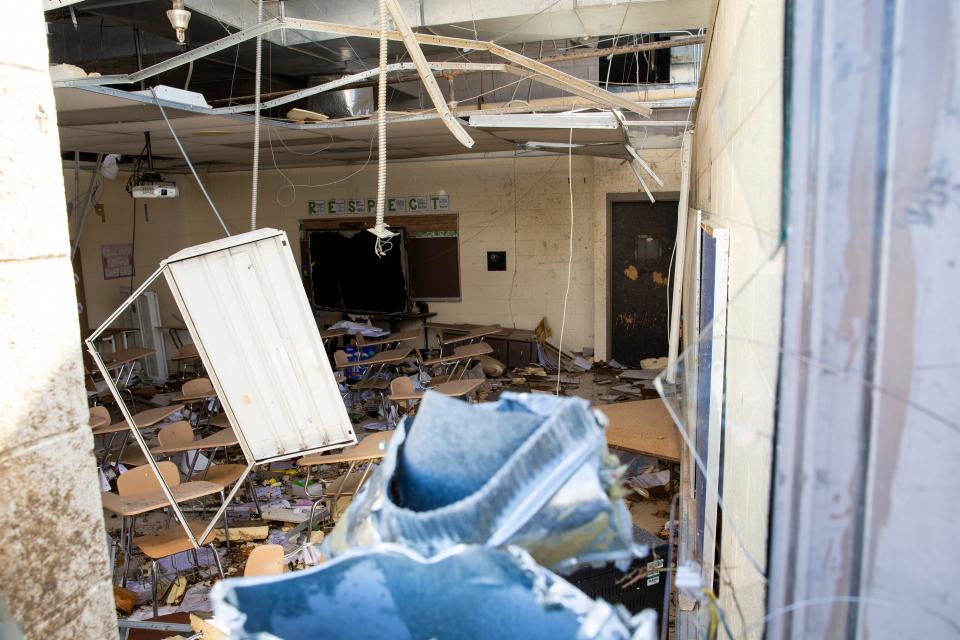 A destroyed classroom can be seen at Crestview Elementary in Covington, Tenn., on April 1, 2023. A severe storm or possible tornado hit the area on Friday night. 