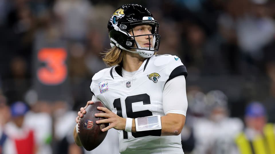Trevor Lawrence looks to pass during the first half against the New Orleans Saints on October 19, 2023. - Jonathan Bachman/Getty Images