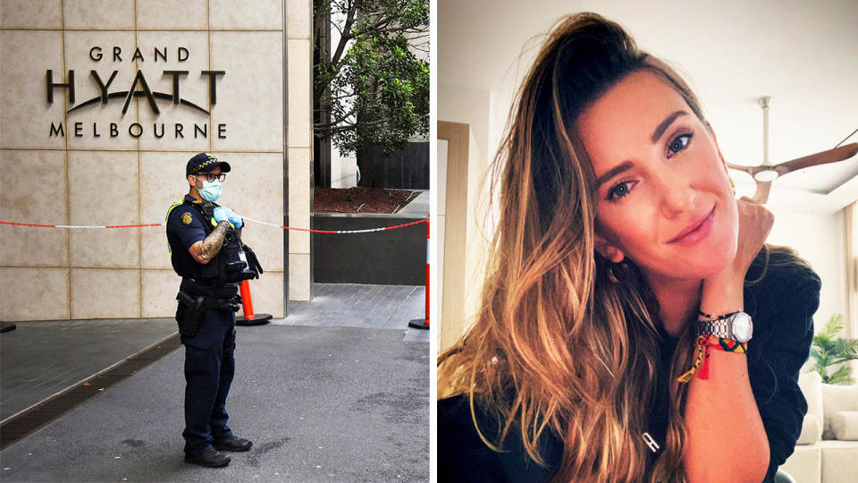 Victoria Azarenka (pictured right) posing for a photo and a police officer in a mask outside the Hyatt (pictured left).