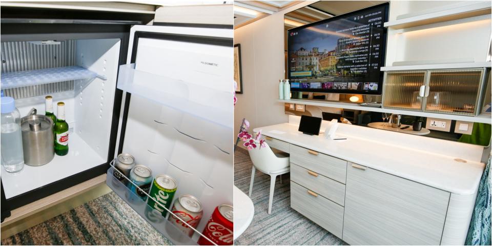 composite of deluxe veranda suite on Silversea Silver Ray with 
mini-fridge and desk