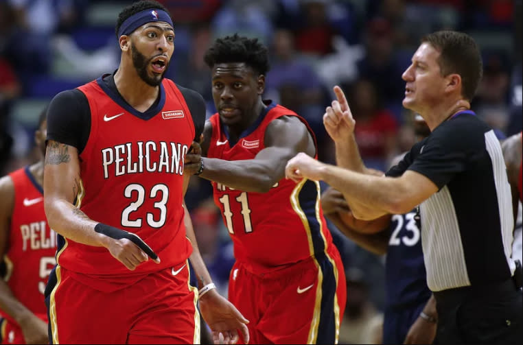 Pelicans star Anthony Davis gets tossed. (Getty Images)