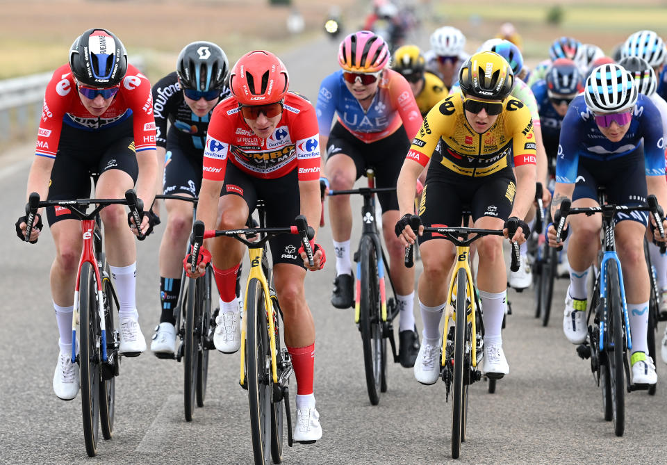 LA RODA, SPAIN - MAY 03: (L-R) Riejanne Markus of The Netherlands, Marianne Vos of The Netherlands - Red Leader Jersey, Amber Kraak of The Netherlands and Team Jumbo-Visma and Emma Norsgaard of Denmark and Movistar Team compete in the breakaway during the 9th La Vuelta Femenina 2023, Stage 3 a 157.8km stage from Elche de la Sierra to La Roda / #UCIWWT / on May 03, 2023 in La Roda, Spain. (Photo by Dario Belingheri/Getty Images)