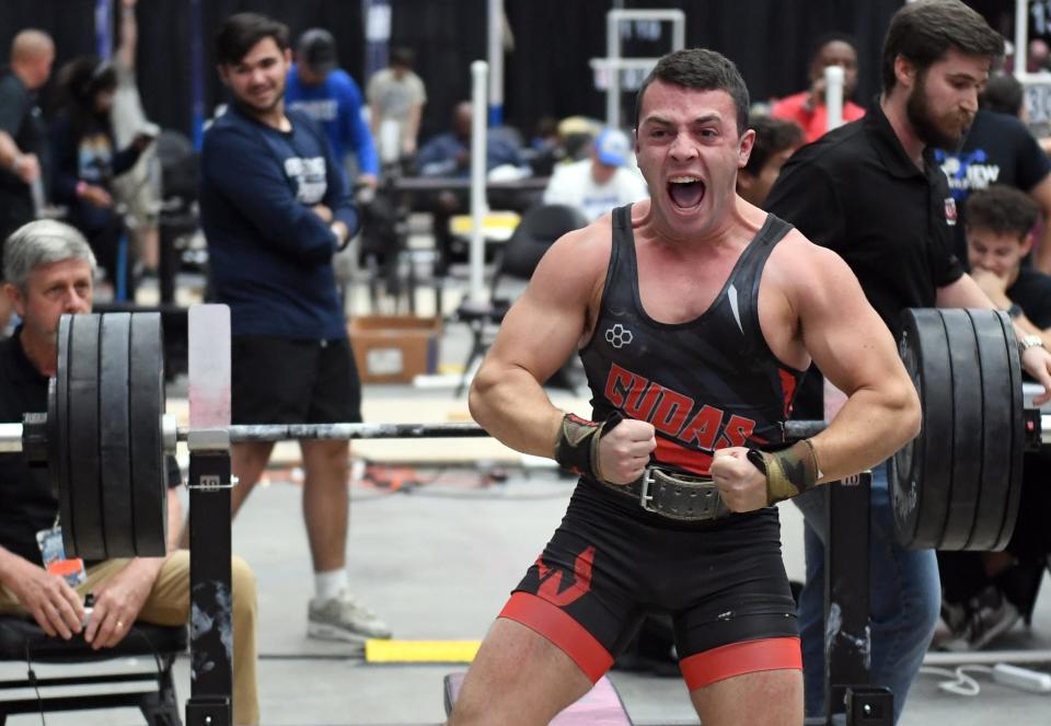 Ryan Geary of New Smyrna Beach celebrates a 245-pound bench press in Class 2A during the FHSAA Boys Weightlifting State Championships at the RP Funding Center in Lakeland, Florida on Saturday April 20, 2024. Geary won the State Championship in Traditional.