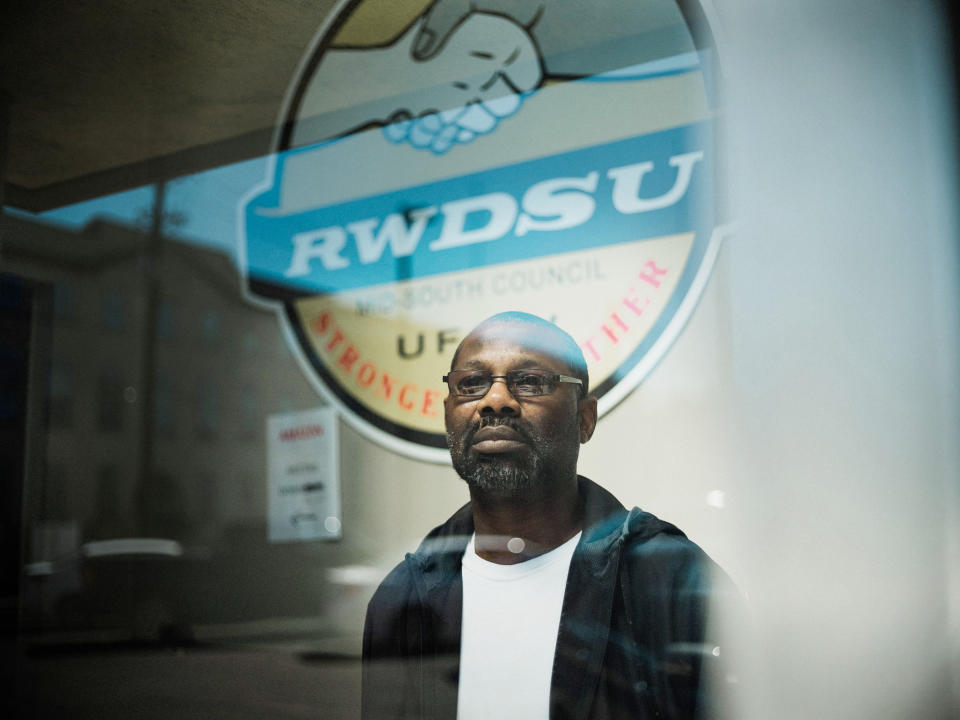 Darryl Richardson, one of the organizers working to unionize his Amazon warehouse, at the Retail, Wholesale and Department Store Union hall in Birmingham. "I know the union can give you job security. I know the union can make it better for employees," he told HuffPost. (Photo: Bob Miller for HuffPost)