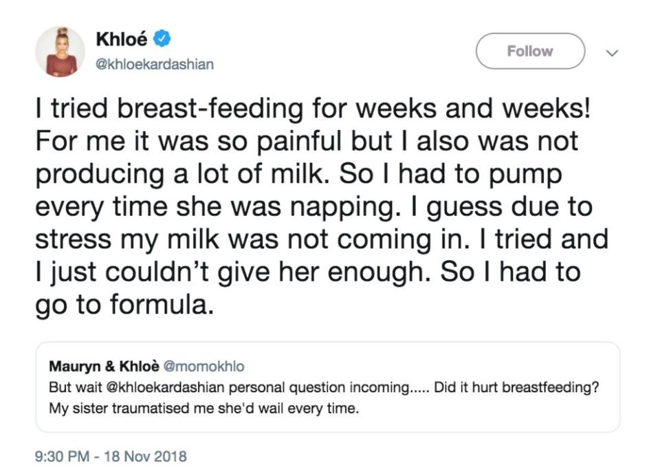 Khloé Kardashian Switched From Breastfeeding to Formula Due to Stress