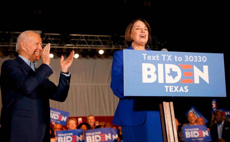 PHOTO: Democratic presidential candidate former Vice President Joe Biden is joined on stage by Sen. Amy Klobuchar (D-MN) during a campaign event on March 2, 2020 in Dallas, Texas. (Ron Jenkins/Getty Images, FILE)