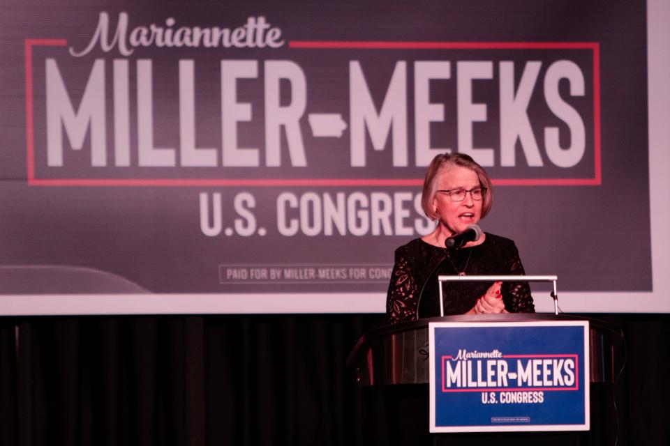 U.S. Rep. Mariannette Miller-Meeks, R-Iowa, speaks to supporters during an election night watch party Tuesday at Rhythm City Casino in Davenport.