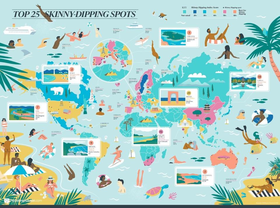 Illustrated map of the top 25 skinny dipping spots around the world. Photo: supplied.