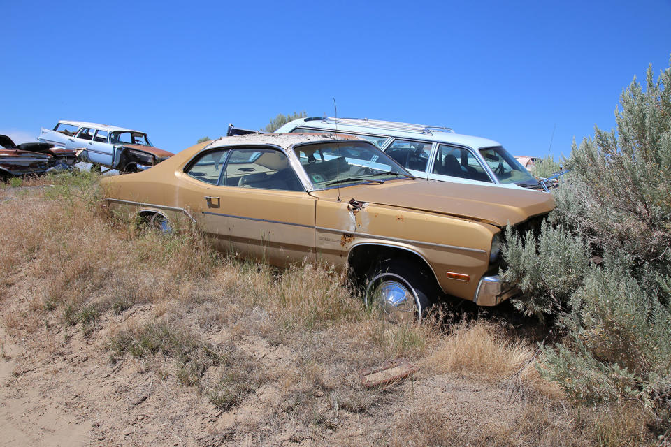 <p>Over the years Plymouth made several special editions of the Duster, including the Feather Duster, Space Duster and this, the Gold Duster.</p><p>Introduced in 1970, amongst other things it featured distinctive decals,<br>improved insulation, and plush carpets. But the pièce de résistance was a snakeskin pattern vinyl roof. But this car’s wire aerial and hole in the front fender weren’t part of the Gold Duster package…</p>