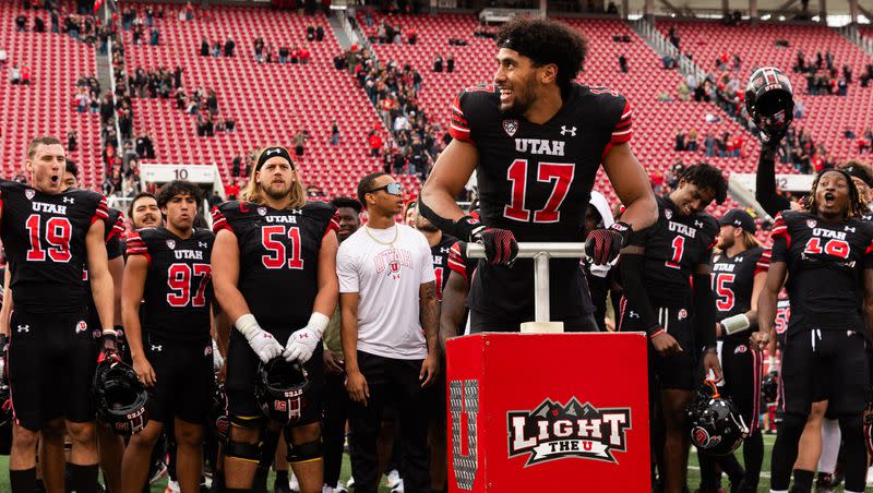 Utah Utes wide receiver Devaughn Veleat lights the U after their 55-3 victory over the Arizona State Sun Devils at Rice-Eccles Stadium in Salt Lake City on Saturday, Nov. 4, 2023.