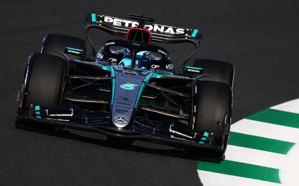 George Russell of Great Britain driving the (63) Mercedes AMG Petronas F1 Team W15 on track during practice ahead of the F1 Grand Prix of Saudi Arabia at Jeddah Corniche Circuit on March 07, 2024 in Jeddah, Saudi Arabia.