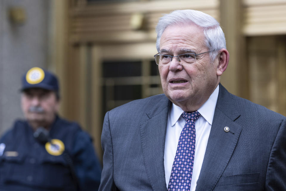 FILE - Sen. Bob Menendez, D-N.J., leaves the Manhattan federal court after the second day of jury selection in his trial, Tuesday, May, 14, 2024, in New York. New Jersey Democrats and Republicans decide their parties’ standard-bearers for the Senate amid the federal corruption trial in New York of Menendez, along with candidates for the presidency and House. (AP Photo/Stefan Jeremiah, File)