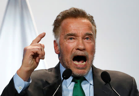 Actor Arnold Schwarzenegger speaks during the COP24 UN Climate Change Conference 2018 in Katowice, Poland, December 3, 2018