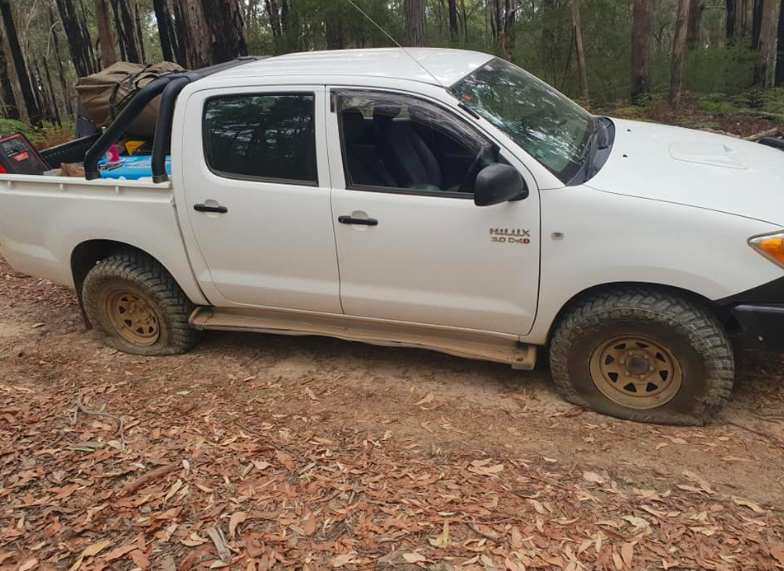 Two tyres were punctured on Mr Friedl’s ute. Source: Facebook/ Mason Friedl