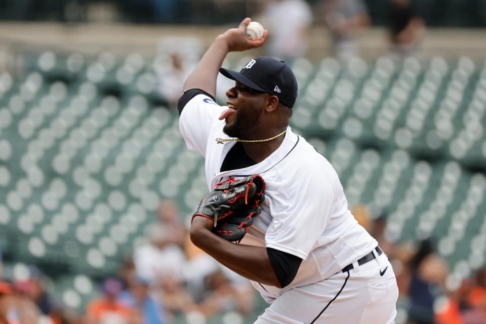 Tigers starting pitcher Michael Pineda pitches in the first inning May 14, 2022 against the Baltimore Orioles at Comerica Park.