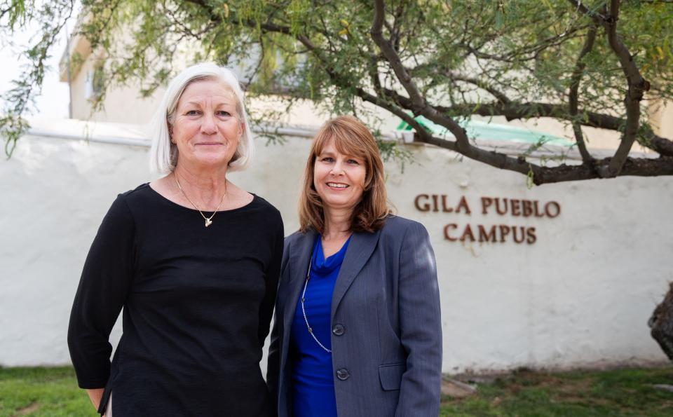 Governing Board President Janet Brocker (left) and Janice Lawhorn, the interim president of Gila Community College pose for a photo outside the Gila Community College Gila Pueblo campus in Globe on Tuesday, July 25, 2023.